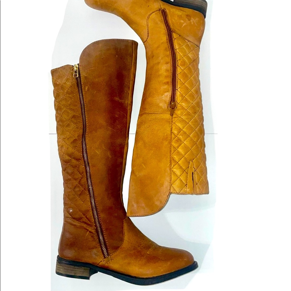 Cognac Quilted Knee High Leather Riding Boots, Sz 8